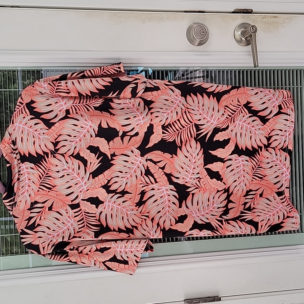 Departwest Royer Performance Polo In Black Coral Sz L Tropical Leaf Print - Picture 2 of 10